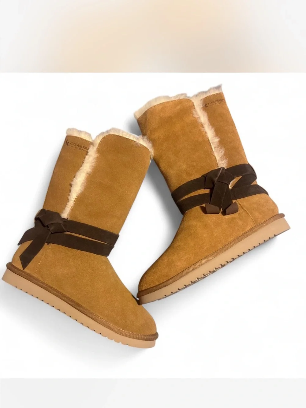 Koolaburra Chestnut Suede Shearling Mid-Calf Boots with Dark Brown Wrap